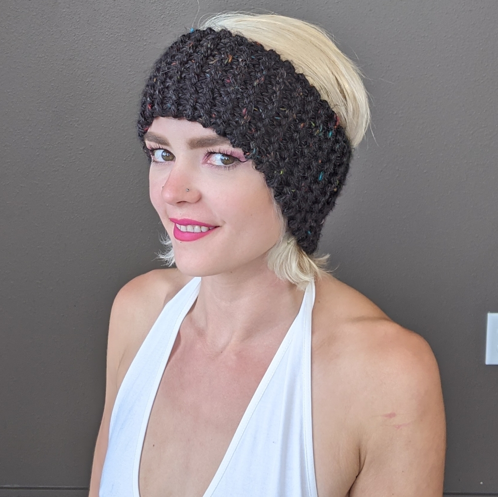 Speckled black knit ear warmer headband
